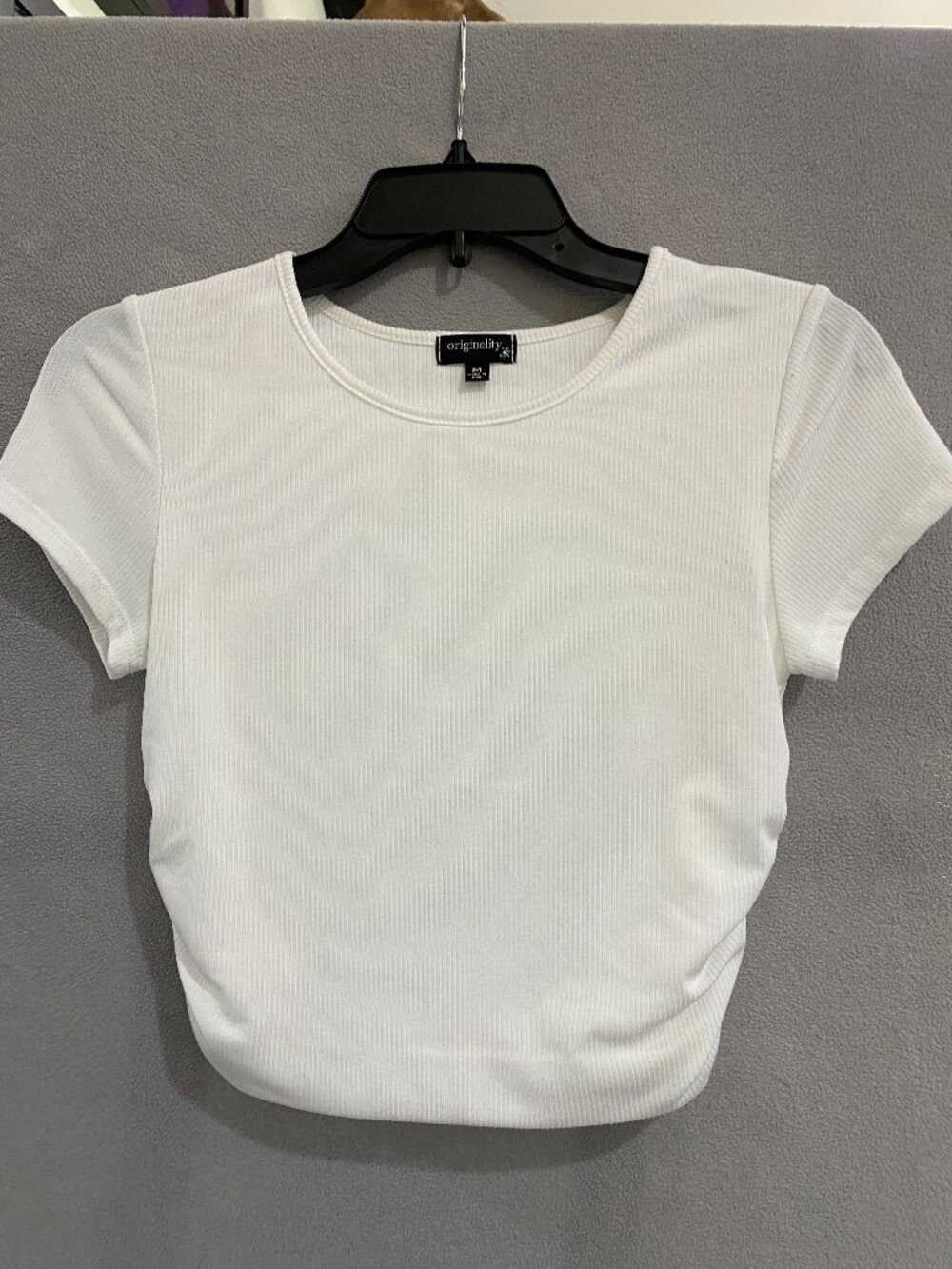 Originality White Ribbed Ruched Side Stretch Tee Top Medium Made in USA